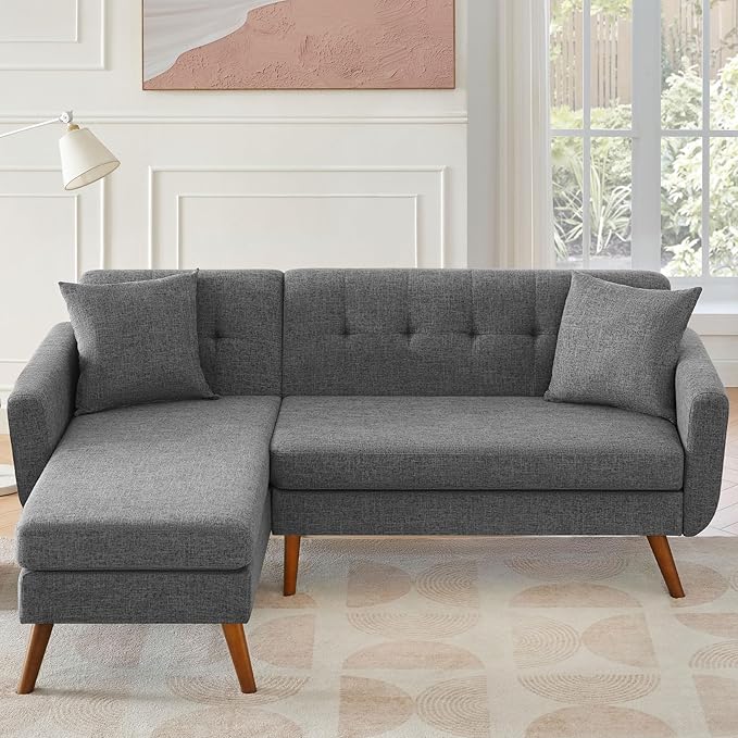 Tbfit L Shaped Couch Sofa, 80" W Mid-Century Modern Sectional Couches, 3 Seater Sofas with Wide Chaise Lounge, Button Tufted Upholstered Sectional Sofa for Living Room, Bedroom, Gray