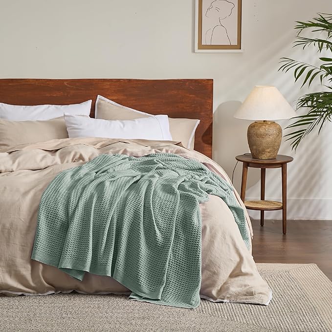 Bedsure Gentlesoft 100% Cotton Blanket Queen Size for Bed - Breathable and Soft, Thick Cozy Waffle Weave Christmas Blanket Gift for Women, Sage Green, 90x90 Inches