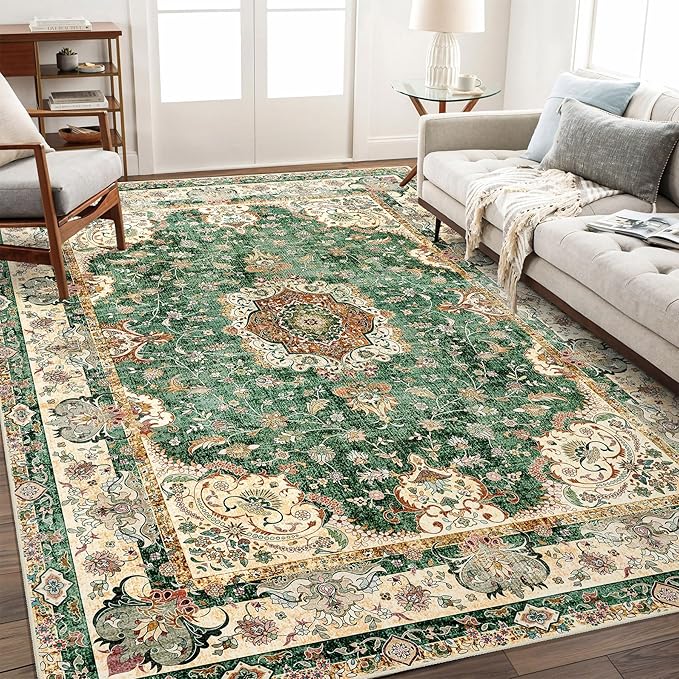 5'x7' Area Rugs Washable,Green Rug for Living Room Bedroom,Large Boho Vintage Bohemian Distressed Oriental Carpet Non Slip,Retro Sage Floral