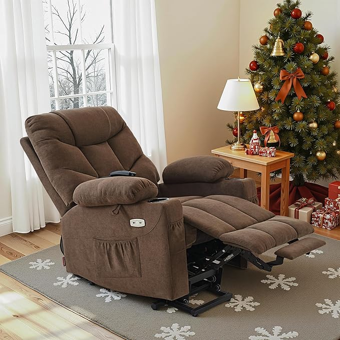 MCombo Power Lift Recliner Chair with Extended Footrest for Elderly People, Fabric 7287/7087 (Brown, Medium)