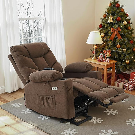 MCombo Power Lift Recliner Chair with Extended Footrest for Elderly People, Fabric 7287/7087 (Brown, Medium)