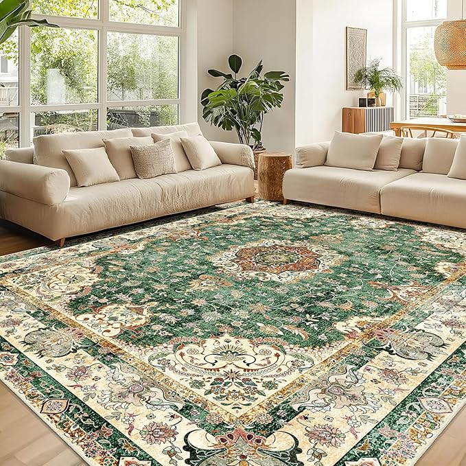 9'x12' Area Rugs Washable,Large Green Rug for Living Room Bedroom Dining Room,Boho Vintage Bohemian Distressed Oriental Carpet Non Slip,Retro Sage Floral
