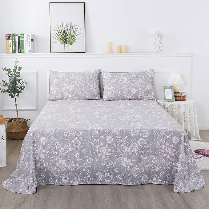 FADFAY Full Size Bed Sets Pink & Grey Girls Bedding Daisy Patterned Sheets Set 100% Cotton Super Soft All-Season Use (4Pcs, 1 Flat Sheet, 1 Fitted Sheet, 2 Pillowcases)