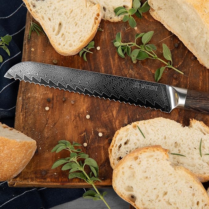 Yatoshi Knives Magnetic Kitchen Knife Block Set - Japanese 67 Layer High-Grade VG-10 Steel Knives, Sharp, G10 Handle Professional Kitchen Knife Set - Damascus (6 pieces), Brown Pakkawood Handles