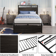 LIKIMIO Twin XL Bed Frames with Drawer, Storage Headboard with Outlets, No Box Spring Needed, Easy Assembly, Gray Black