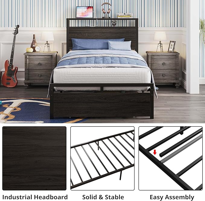 LIKIMIO Twin XL Bed Frames with Drawer, Storage Headboard with Outlets, No Box Spring Needed, Easy Assembly, Gray Black