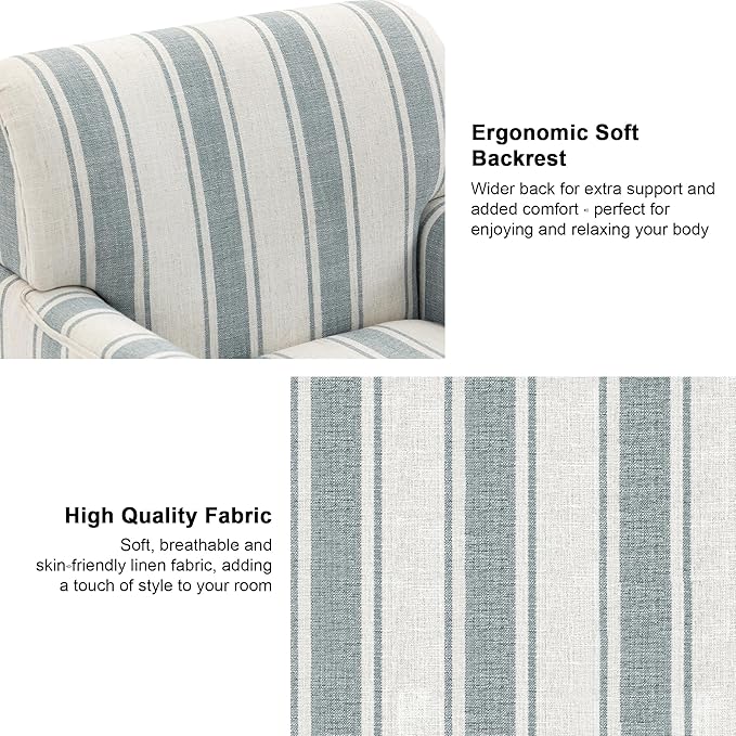 Accent Chair Set of 2, Mid Century Modern Comfy Armchair for Living Room, Linen Fabric Single Sofa Lounge for Reading Bedroom Apartment Waiting Room with Wood Legs-Blue Stripe