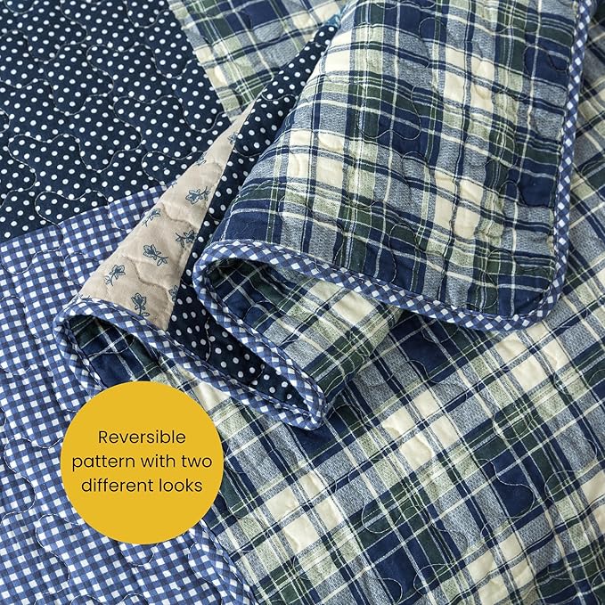 SLPR Blue Symphony Cotton Pieced Quilt Set - Queen with 2 Shams, Farmhouse Patchwork Quilted Bedspread with Check and Plaid Pattern, Lightweight and Cozy Country Checkered Bedding