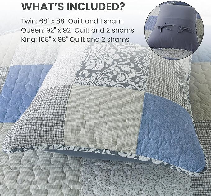 SLPR Sweet Dreams Cotton Quilt Set - King Size with 2 Shams, Pieced Patchwork Bedding in Blue and Gray, Country Style Farmhouse Quilted Bedspread