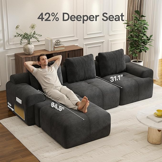 Boneless Couches for Living Room L Shaped Couch Modular Sectional Sofa 112'' Comfy Deep Seat No Assembly Couch Grey Modern 3 Seater Chenille Boneless Sofa with Ottoman for Bedroom Apartment