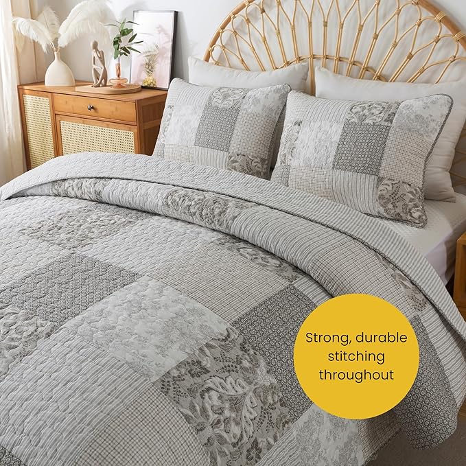 SLPR Silver Linings Cotton Quilt Set - Twin Size with 1 Sham, Neutral Pieced Patchwork Design, Country Silver Gray Quilted Comforter, Lightweight Summer Farmhouse Bedspread