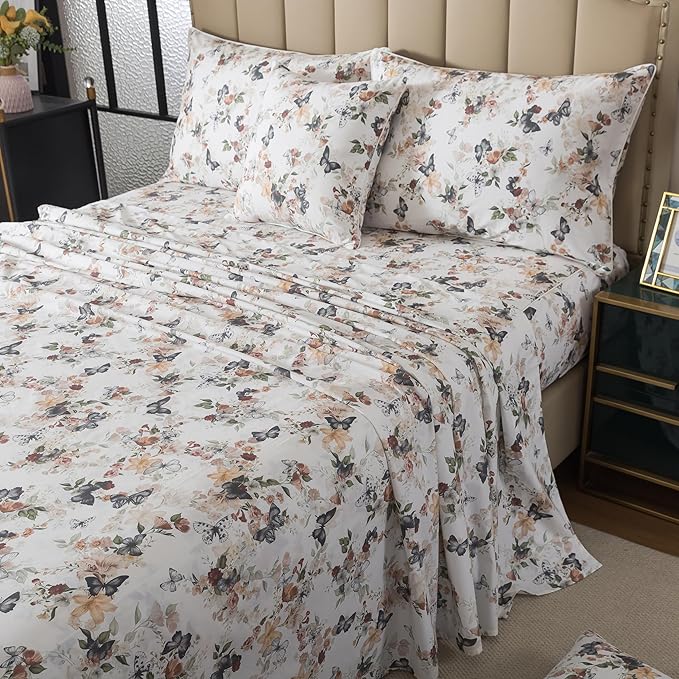 FADFAY Butterfly Sheets Set King Watercolor Floral Bed Sheets Set Vintage Botanical Bedding Shabby Rustic Leaves Bedding Collections 100% Percale Cotton Breathable Soft Deep Pocket 4Pcs, King Size