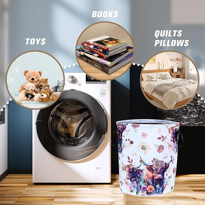 Highland Cow Laundry Basket Cow Animal Foldable Oxford Cloth Funny Tote Bag Laundry Hamper Clothes Storage Bucket Organizer For Bathroom/Laundry Storage/Bedroom 17.7x13.7 Inch