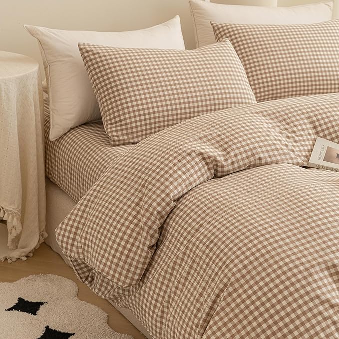 ECOCOTT Gingham Duvet Cover Queen Size 100% Washed Cotton Like Linen Feel Super Soft & Comfy Bedding Set Modern Checkered Design for All Seasons