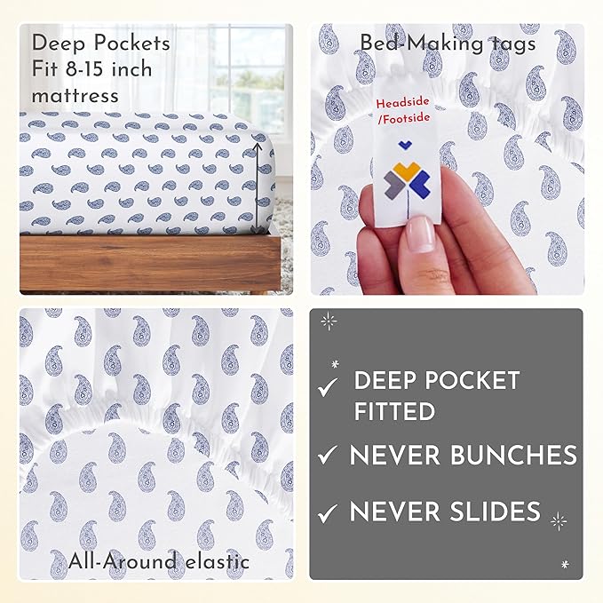 California Design Den Deep Pocket Twin Sheets Set - 400 Thread Count Sateen, Natural 100% Cotton Sheets, and Durable Bedding Set - Paisley Blue CaliforniaDesignDen