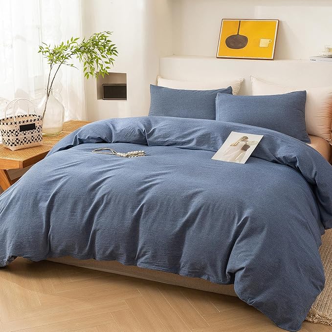 ECOCOTT Denim Blue Duvet Cover Queen Size, 100% Washed Cotton 1 Duvet Cover with Zipper and 2 Pillowcases, Ultra Soft and Easy Care Breathable Cozy Bedding Set (Denim Blue, Queen)