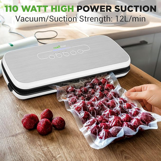 NutriChef Automatic Food Vacuum Sealer, Electric Air Sealing Preserver System for Dry and Moist Foods, LED Control, Strong Suction, Includes Bags, Wine Stopper Cork, and Air Suction Hose, 14”x6”x3”