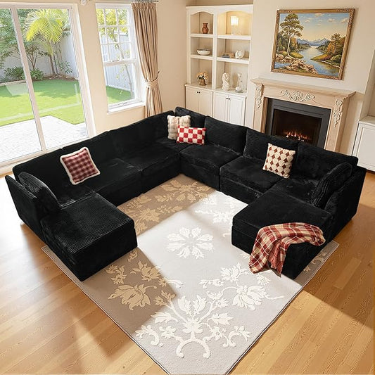 Large 9 Seat Modular Sectional Sofa with Ottoman Seat Corduroy Sleeper Sectional Sofa Bed Oversized Convertible Modular Couch for Living Room