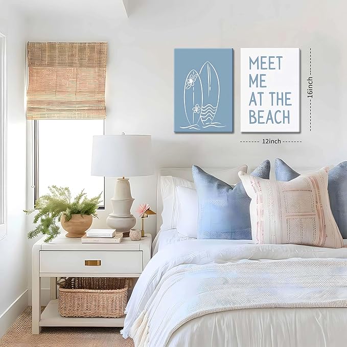 Trendy Coastal Beach Canvas Wall Art Set of 3, Blue Preppy Bikini Surfing Wall Decor Paintings, Summer Shells Meet Me at the Beach Posters Prints Pictures for Girly Dorm Bathroom 12x16 Inch Framed