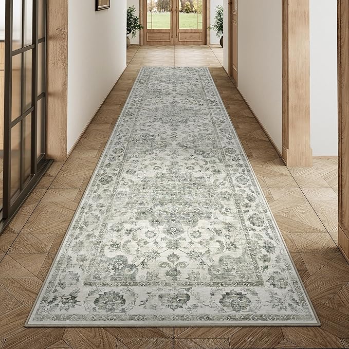 2x8 Washable Neutral Runner Rug Green Vintage Hallway Kitchen Carpet Non-Slip Soft Low Pile Floral Throw Rug for Bedroom Bathroom Laundry Living Room