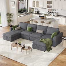 GarveeHome Sectional Sleeper Sofa with Pull Out Bed, Corduroy Modular Sectional 6 Seat Couch with Pull Out Couch and Storage Seat & 2 Ottomans, Convertible Couches for Living Room