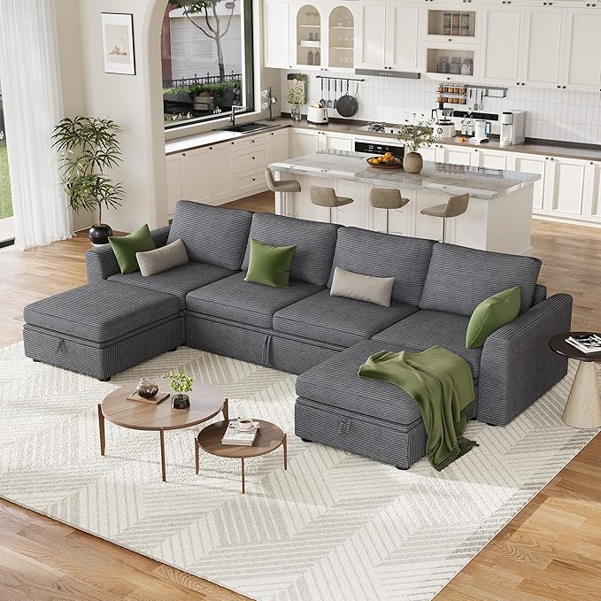 GarveeHome Sectional Sleeper Sofa with Pull Out Bed, Corduroy Modular Sectional 6 Seat Couch with Pull Out Couch and Storage Seat & 2 Ottomans, Convertible Couches for Living Room