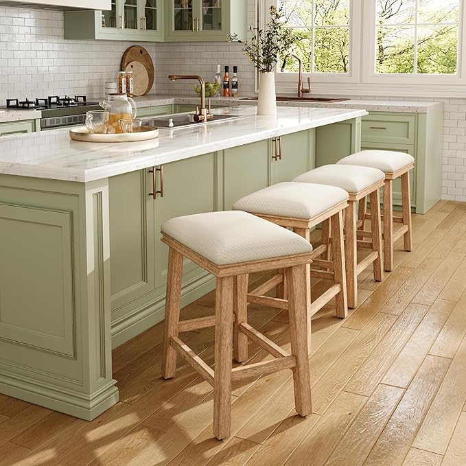 MAISON ARTS Off White Counter Height 24 inch Bar Stools Set of 3 for Kitchen Counter Solid Wood Legs with Faux Leather Padded Seat Farmhouse Barstools for 34"-38" Counter Island Upholstered Stools