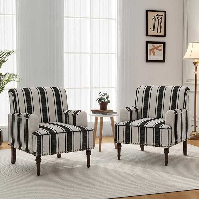 Accent Chair, Mid Century Modern Comfy Armchair for Living Room, Linen Fabric Single Sofa Lounge for Reading Bedroom Apartment Waiting Room with Wood Legs (Black Stripe, Set of 1)
