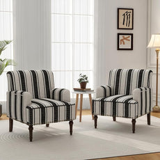 Accent Chair, Mid Century Modern Comfy Armchair for Living Room, Linen Fabric Single Sofa Lounge for Reading Bedroom Apartment Waiting Room with Wood Legs (Black Stripe, Set of 1)