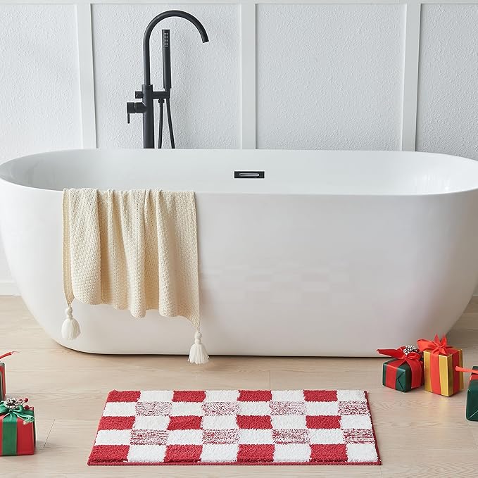 CozeCube Bath mats for Bathroom Non Slip, Fluffy Absorbent Microfiber Bath mat Washable, Aesthetic Bathroom Rugs, Large Christmas Red Checkered Bath mat, Christmas Red, 36" x 24"