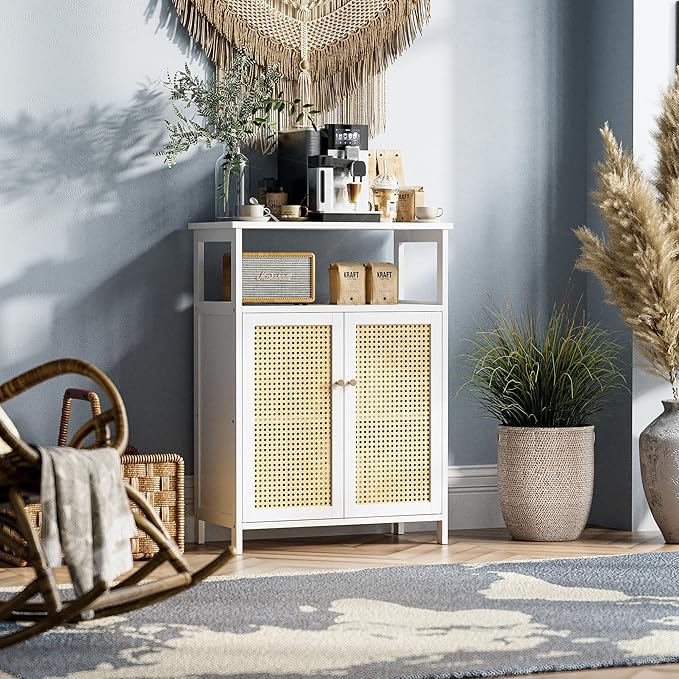HITNET Bamboo Cabinet, Rattan Storage Cabinet with Doors, Freestanding Floor Cupboard for Bathroom, Living Room, Hallway, White
