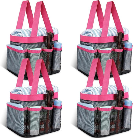 Hillban 4 Pcs Mesh Shower Caddy Portable Large Quick Dry Shower Caddy Basket with Deeper 8 Pockets and 2 Handles Hanging Bag for College Dorm Room(Rose Red)