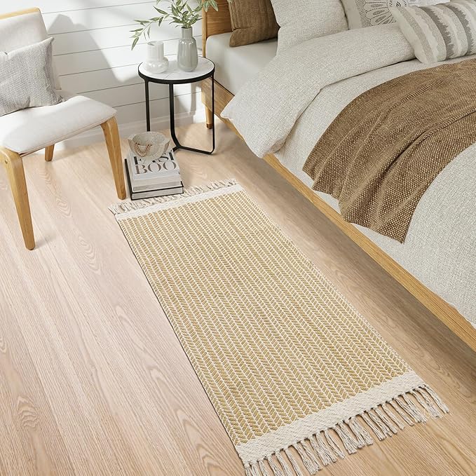 Lahome Boho Bathroom Runner Rug, 2x5 Hallway Runner Rugs Washable Rugs for Entryway Indoor Door Mat with Tassels, Farmhouse Woven Cotton Low Pile Rug Runners for Hallways Laundry Room, Khaki