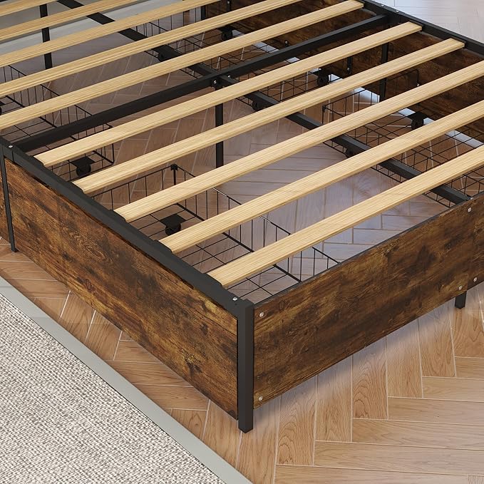 Panana 14 Inch Queen Size Bed Frame,Industrial Metal Platform Bed Frame with 2 Tier Storage Wooden Headboard and Footboard,4 Storage Drawers,No Box Spring Needed,Black&Brown