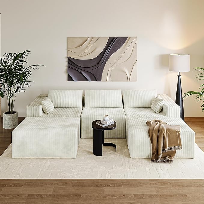 110" Cloud Couch Sectional for Living Room U-Shape Boneless Couches Modular Sectional Sofa with Deep Seat with Chaise,No Assembly Required, Carbon White(Plush Corduroy Fabric)