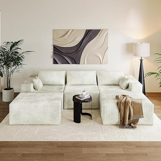 110" Cloud Couch Sectional for Living Room U-Shape Boneless Couches Modular Sectional Sofa with Deep Seat with Chaise,No Assembly Required, Carbon White(Plush Corduroy Fabric)
