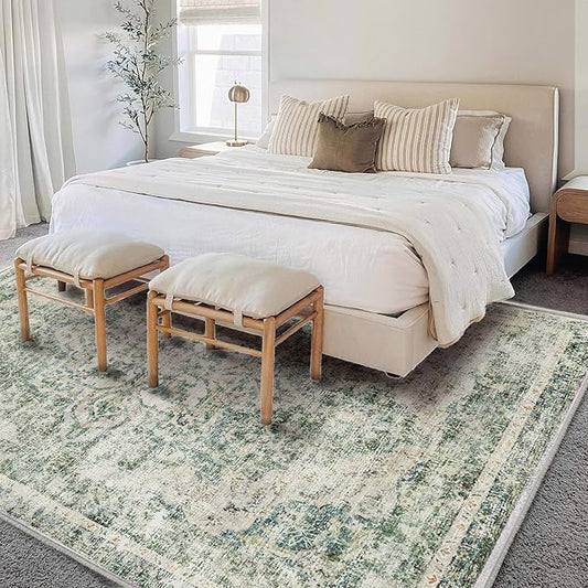 Area Rug 6'x9' Washable Vintage Traditional Floor Cover Thin Retro Kitchen Indoor Distressed Non Slip Carpet for Living Room Bedroom Dining Room