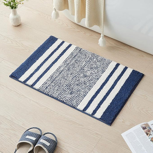 CozeCube Bath mats for Bathroom Non Slip, Fluffy Absorbent Microfiber Bath mat Washable, Aesthetic Bathroom Rugs, Large Navy Blue Striped Bath mat, Navy Blue, 36" x 24"