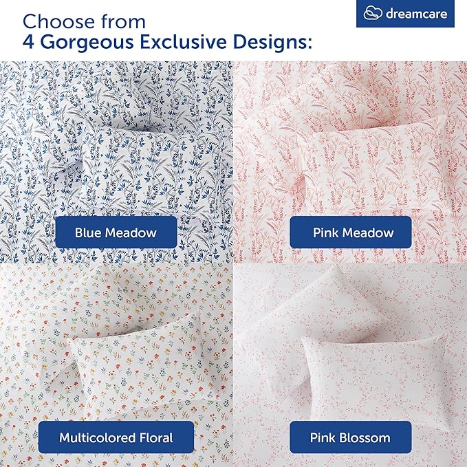 DREAMCARE Queen Size Sheets - Floral Sheets Queen Size Bed Set - 4pcs Queen Sheet Set - Cooling Bed Sheets - Queen Size Sheet Sets - Soft & Long Lasting 100% Brushed Floral Bed Set - Floral Pink DREAMCARE