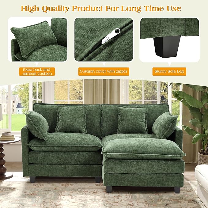 77.6" Modular Sectional Sofa,Loveseat Couch for Living Room, Modern Deep Seat Sofa 2 Seater Chenille Fabric Comfy Cloud Couches with Throw Pillows & Ottoman for Apartment,Small Spaces