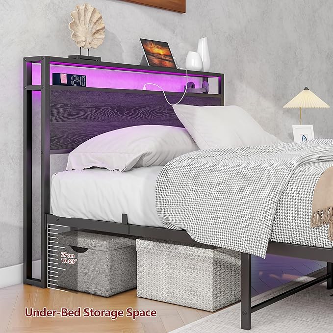 HOJINLINERO Full Size Bed Frame with Storage Headboard/LED Lights, Metal Bed Frame with Charging Station, No Box Spring Needed, Heavy Duty Metal Slats Support, Black
