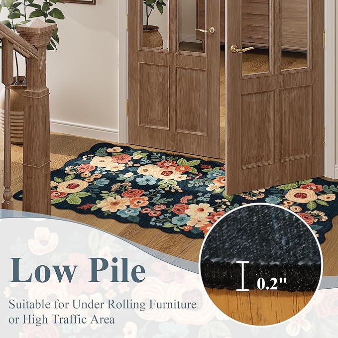 DUKINO 2x3 Entryway Rug, Floral Washable Indoor Door Mat with Non-Slip Backing, Soft Low Pile Small Front Door Throw Rugs for Entryway, Kitchen, Bedroom, Laundry, Bathroom, Navy Blue