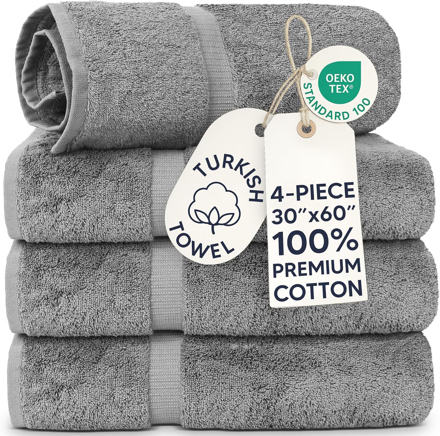 Chakir Turkish Linens 4 Piece Bath Towel Set, 100% Cotton Luxury Turkish Towels for Bathroom, Soft Absorbent Bath Towels, 27 x 54 Inches, Gray
