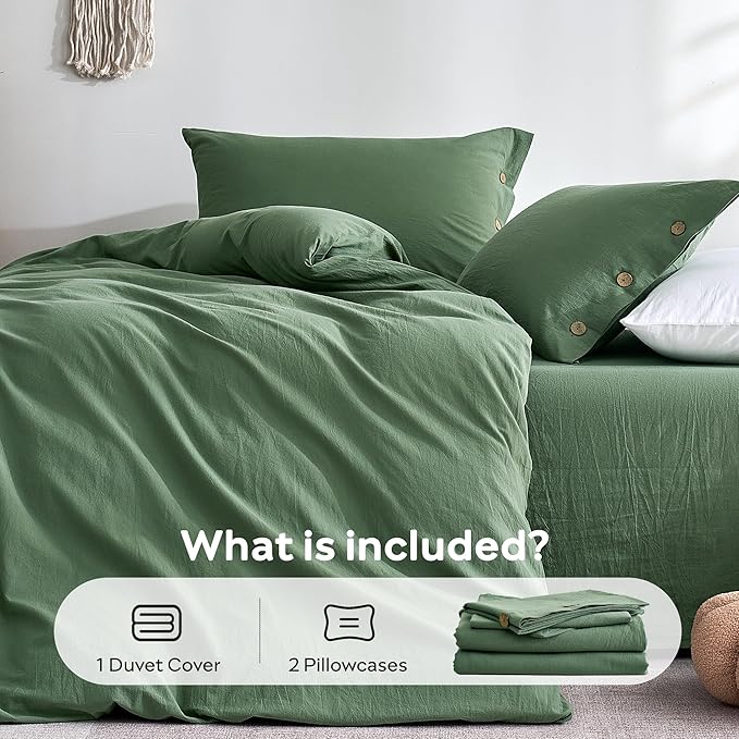 JELLYMONI 100% Washed Cotton Duvet Cover King – Soft, Breathable Linen-Look Bedding with Natural Wrinkle Texture, Button Closure, 3-Piece Set (Dusty Green, 104"x90")