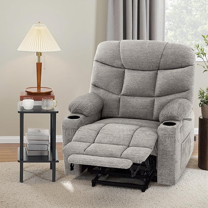 MCombo Oversized Power Lift Recliner Chair with Extended Footrest, Extra Wide 27.2" for Big and Tall Elderly People, Fabric R7289 (Light Grey, Medium-Oversize)