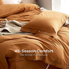 JELLYMONI 100% Washed Cotton Duvet Cover Queen – Soft, Breathable Linen-Look Bedding with Natural Wrinkle Texture, Button Closure, 3-Piece Set (Amber Orange, 90