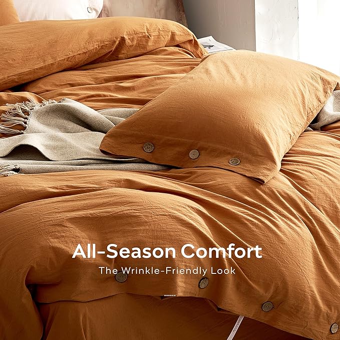 JELLYMONI 100% Washed Cotton Duvet Cover Queen – Soft, Breathable Linen-Look Bedding with Natural Wrinkle Texture, Button Closure, 3-Piece Set (Amber Orange, 90"x90")