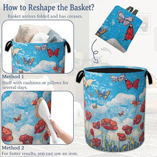 Vintage Poppy Flowers Laundry Basket,Foldable Waterproof Oxford Cloth Tote Bag Butterfly Laundry Hamper with Handles,20.8