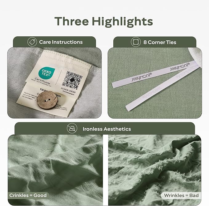 JELLYMONI Cotton Duvet Cover King Size - Sage Green Comforter Cover with Button 100% Washed Cotton 3PCS Breathable Soft Solid Bedding Set Duvet Cover 104×90in & 2 Pillowcases (NO Comforter)