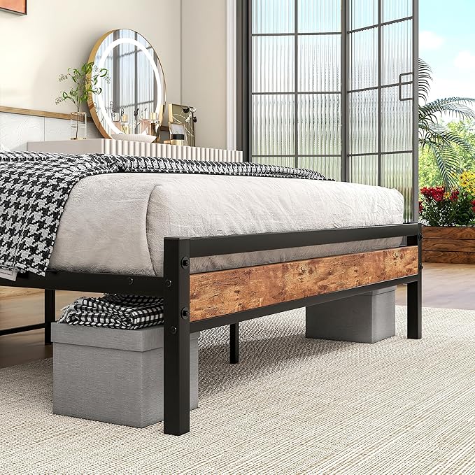 HOJINLINERO Full Size Bed Frame with Storage Headboard/USB Charging Station,Metal Platform Bed Frame Full Size No Box Spring Needed,Noise-Free,Strong Steel Slats Support,Rustic Brown